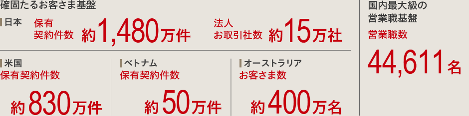 確固たるお客さま基盤：日本 保有契約件数 約1,480万件・法人お取引社数 約15万社、米国 保有契約件数 約830万件、ベトナム 保有契約件数 約50万件、オーストラリア お客さま数 約400万名　国内最大級の営業職基盤：営業職数 44,611名