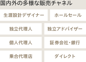 国内外の多様な販売チャネル：生涯設計デザイナー、ホールセール、独立代理人、独立アドバイザー、個人代理人、証券会社・銀行、乗合代理店、ダイレクト